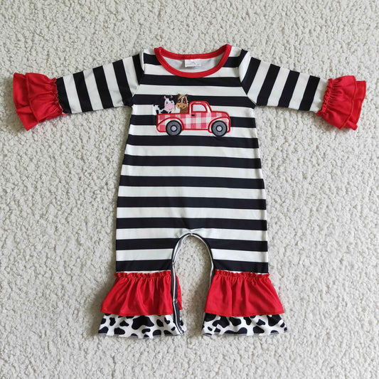 10.11 LR0015 RTS No Moq Promotion Baby Girls Long Sleeve Romper Baby girls farm tractor stripe ruffle rompers
