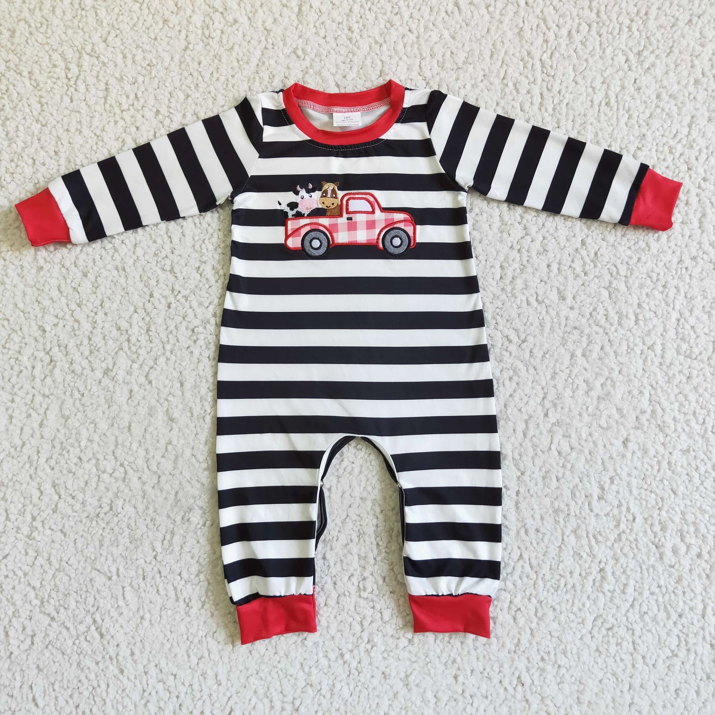 10.11 LR0016 RTS No Moq Promotion Baby Boy Long Sleeve Romper Baby boys farm tractor stripe ruffle rompers