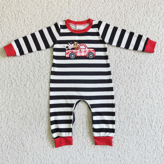 10.11 LR0016 RTS No Moq Promotion Baby Boy Long Sleeve Romper Baby boys farm tractor stripe ruffle rompers