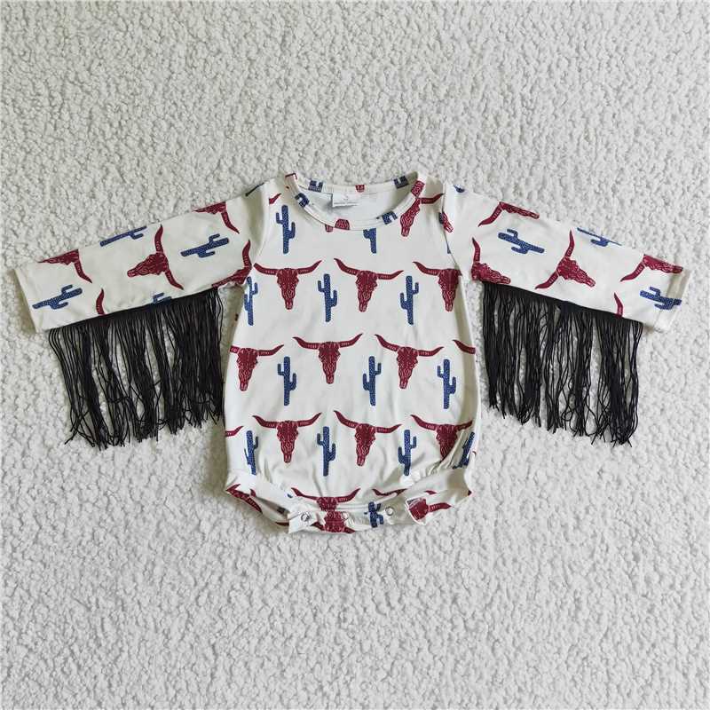 11.29 RTS NO MOQ (In stock)LR0051 Baby Girls Winter Rompers Baby girls cow cactus tassel long sleeve rompers