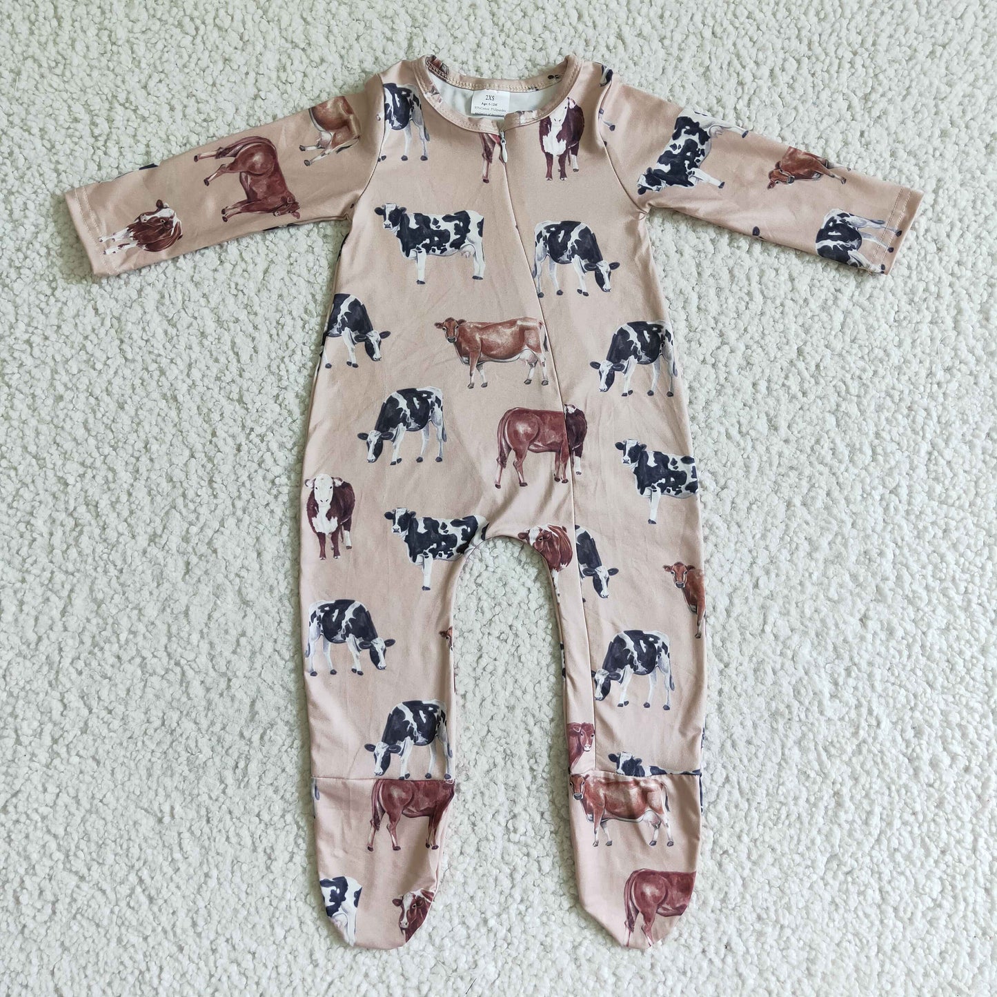 LR0073 Baby kids long sleeve fall cow zip footie western rompers