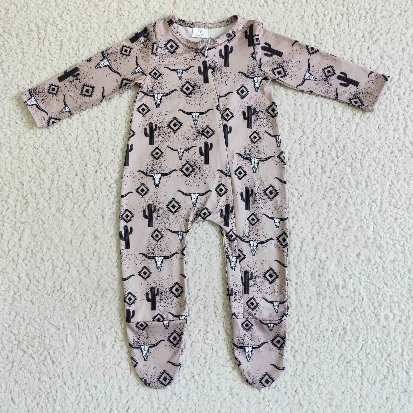 LR0074 Baby kids long sleeve cow cactus zip fall rompers
