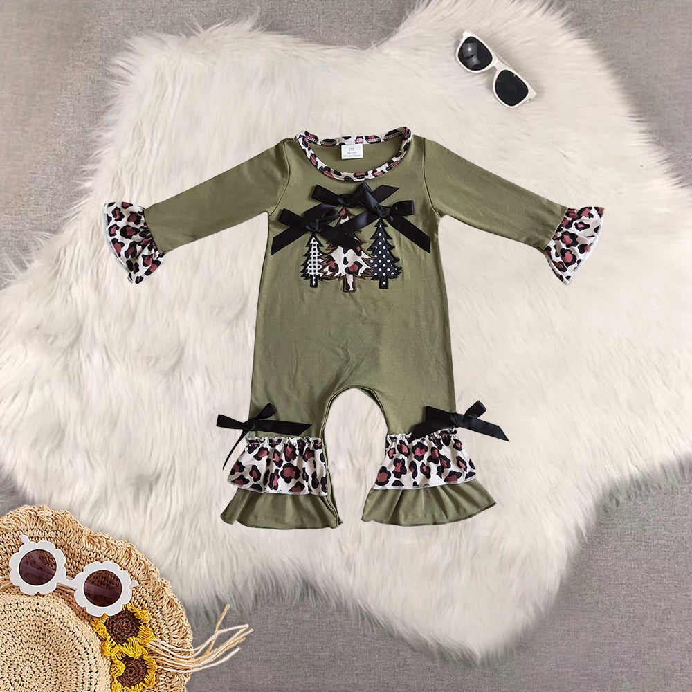 8.21 RTS Sibling Baby Christmas tree embroidery olive shirt leopard pants girls clothes