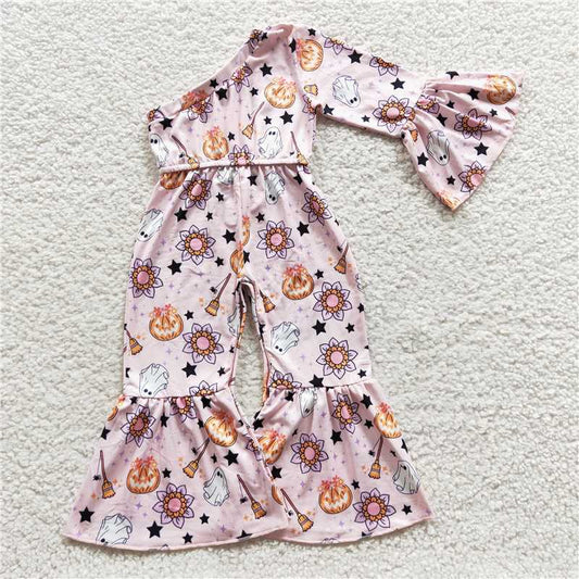 USA Warehouse (IN STOCK)LR0287 Girls One Shoulder Pumpkin Ghost Halloween Jumpsuit for Kids Spooky Costume Party Outfit