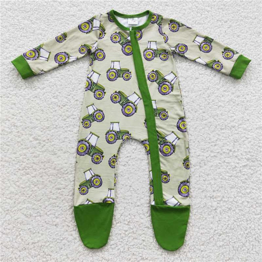 LR0386  Farm Tractor Green Zip Long Sleeve Bodysuit