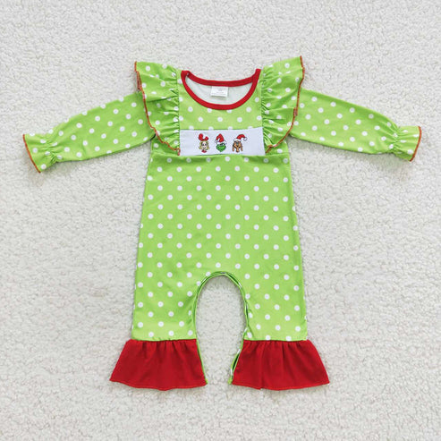 9.19 RTS Sibling Baby Boys Girls Embroidery Green Faces Pants Christmas Clothes Sets Footie Rompers