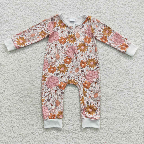 9.19 RTS Sibling Baby Girls Orange Pink Daisy Flowers op Pants Pajamas Sets Zipper Rompers