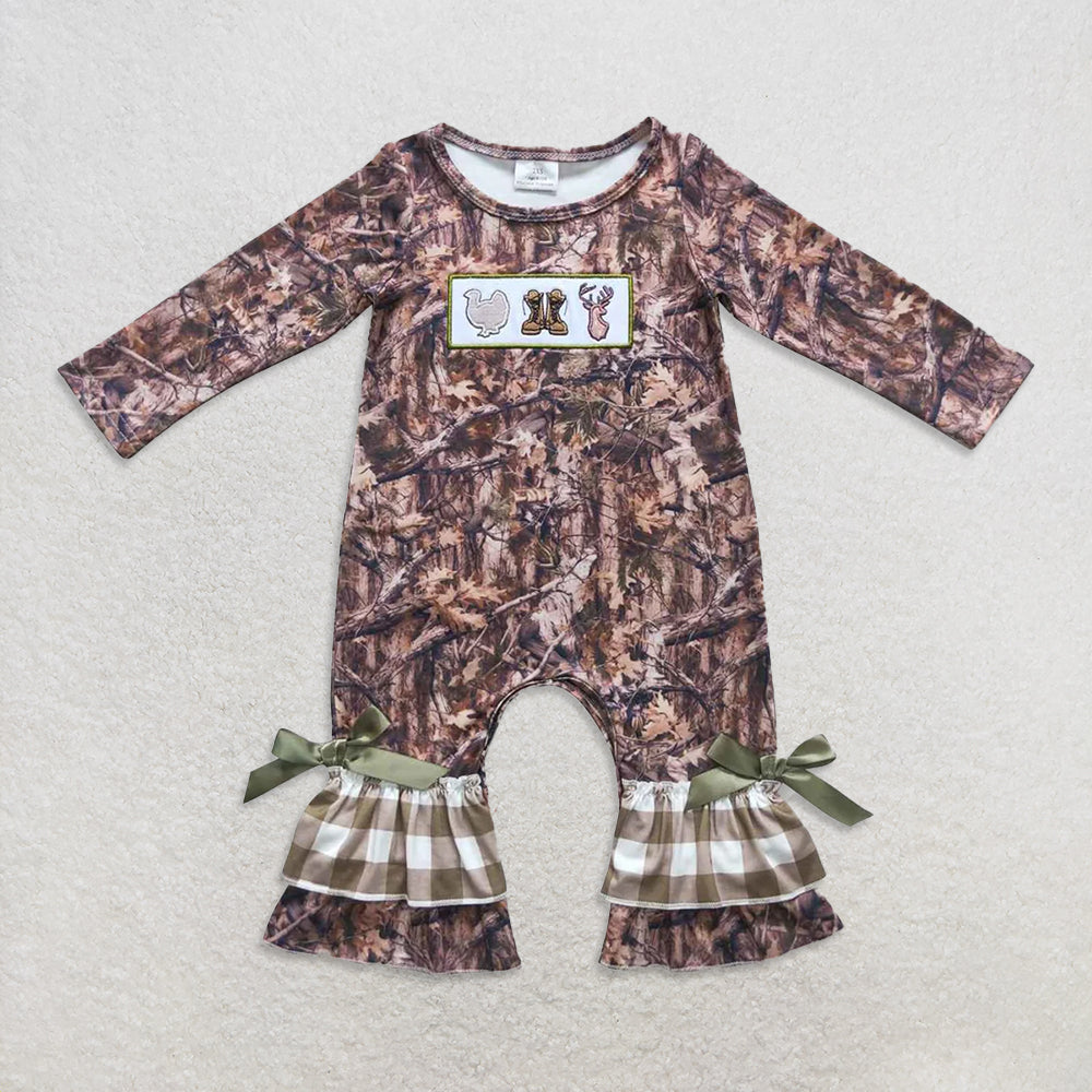 USA Warehouse (IN STOCK) Floral Leopard Pumpkin Ruffle Baby Romper Long Sleeve Cotton Fall Outfit with Pumpkin Embroidery for Infants
