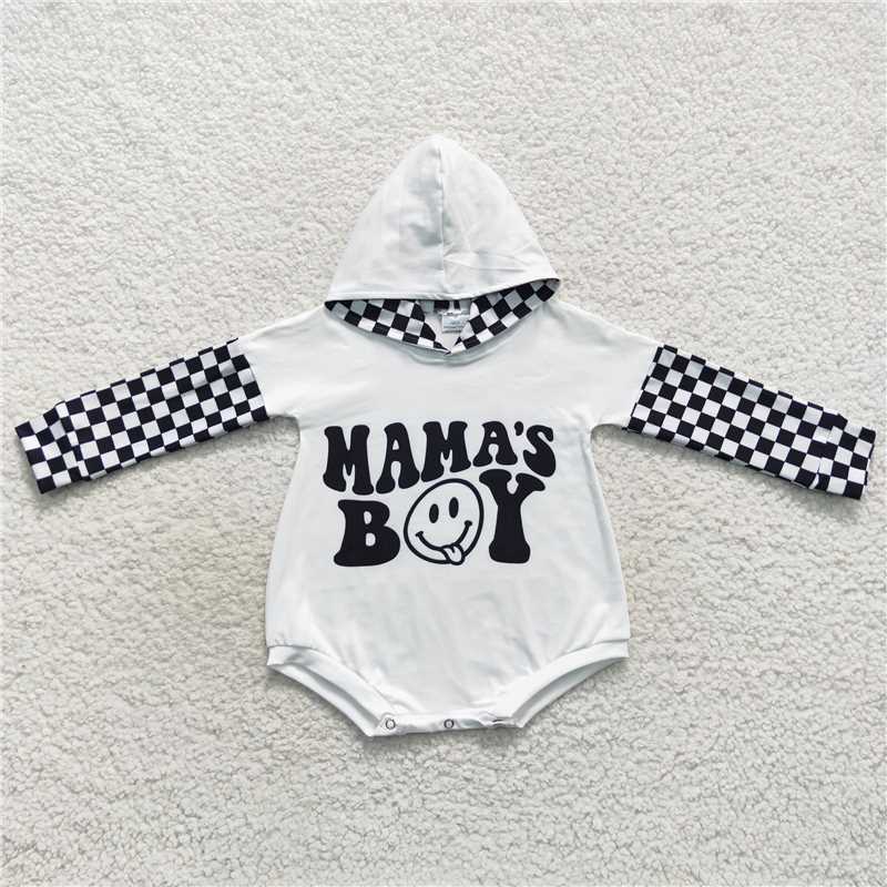 USA Warehouse (IN STOCK) LR0540 Black Mama's Boy Smile Baby Hooded Romper Comfortable Unisex Infant Outfit with Smiley Design