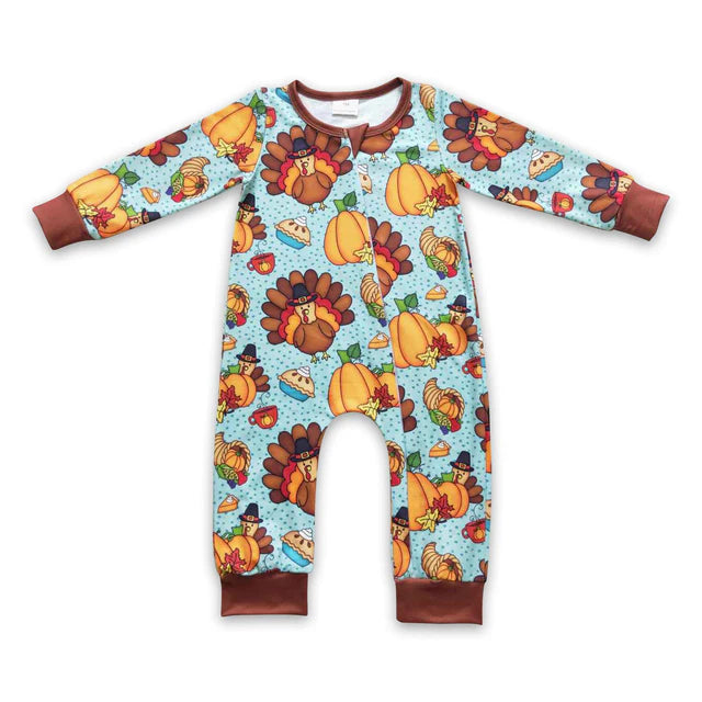 RTS Sibling milk silk Baby Boys Cute Cute Fall Thanksgiving Turkey Print Rompers