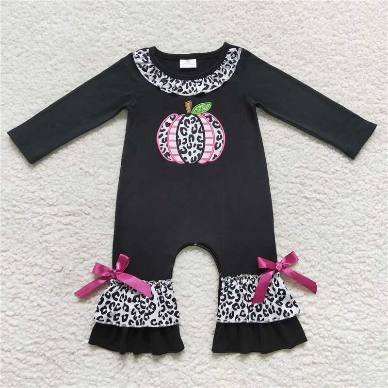 USA Warehouse (IN STOCK) LR0618 Black Pumpkin Leopard Ruffle Romper for Baby Girls Fall Season Cute And Fashionable Outfit for Infants