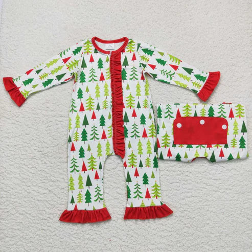9.16 RTS Sibling Baby Kids Green Red Trees Button Top Pants Christmas Pajamas Sets Zipper Footie Rompers