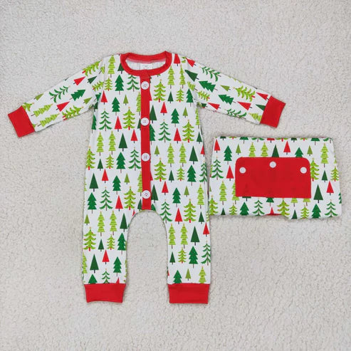 9.16 RTS Sibling Baby Kids Green Red Trees Button Top Pants Christmas Pajamas Sets Zipper Footie Rompers