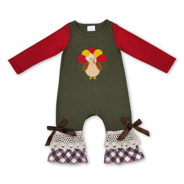 RTS Sibling Baby Kids Embroidery Turkey Thanksgiving Clothes Sets Footie Rompers
