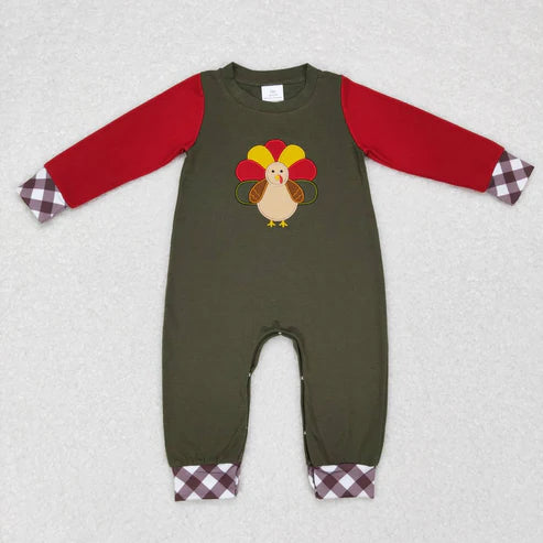 9.19 RTS Sibling Baby Kids Embroidery Turkey Thanksgiving Clothes Sets Footie Rompers