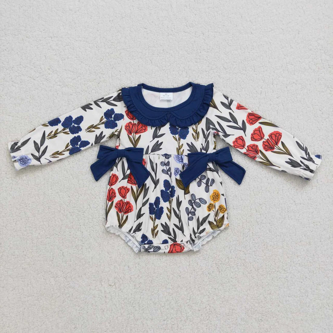 1.8 RTS Sibling Baby Girls Navy Floral Bows Tunic Leggings Clothes Set Ruffle Romper