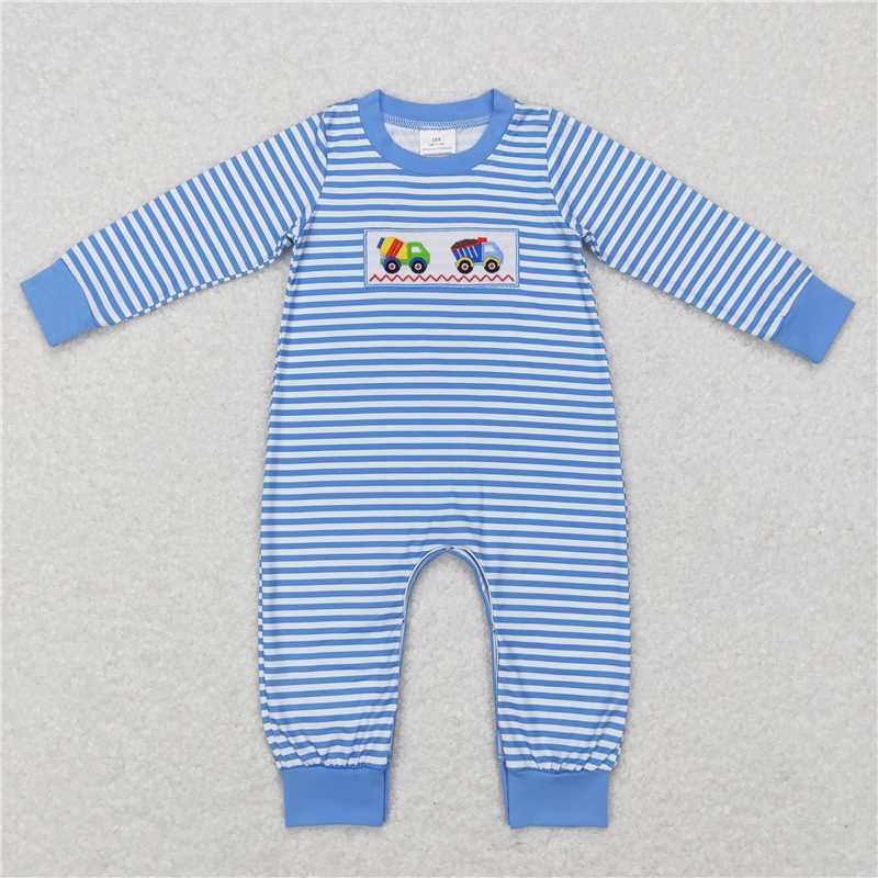 USA Warehouse (IN STOCK) LR0750 Baby Boy Stripe Long Sleeve Romper Construction Theme Outfit for Infants Comfortable Cotton Clothing