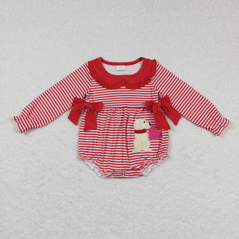11.5 RTS Sibling Baby Girls Red Stripes Bows Embroidery Dog Hearts Valentine Clothes Sets Dress Romper