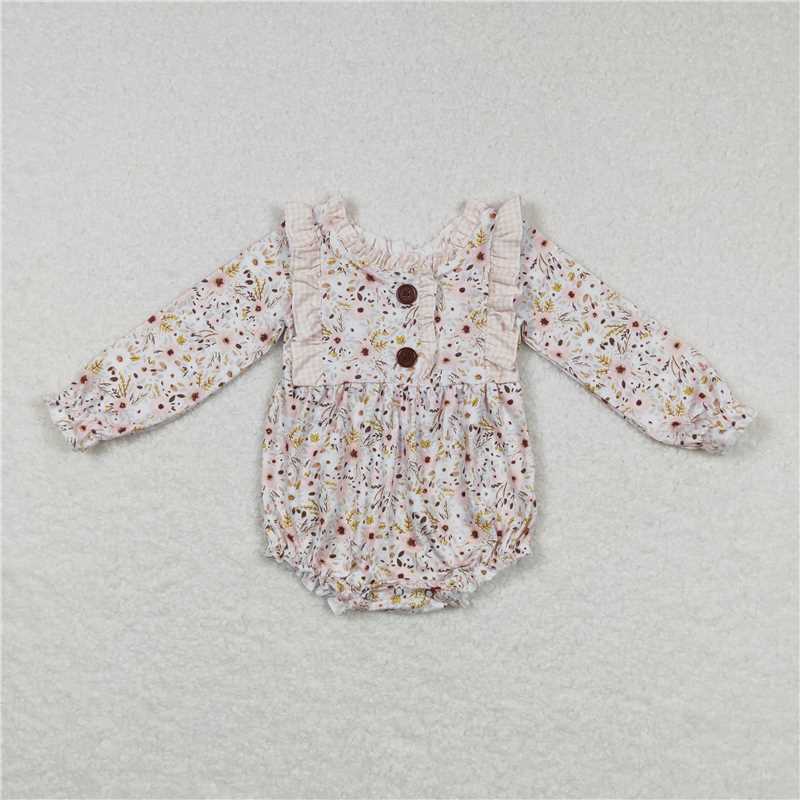 USA Warehouse (IN STOCK) LR0769 Floral Ruffle Long Sleeve Baby Girls Romper Cute Infant Girl Outfit Soft Cotton Clothing for Baby