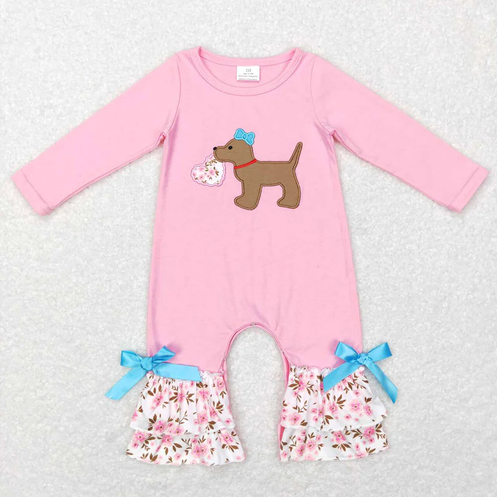 11.24 RTS Sibling Baby Girls Embroidery Floral Heart Dogs Ruffle Pant Valentines Clothes Sets Footie Rompers