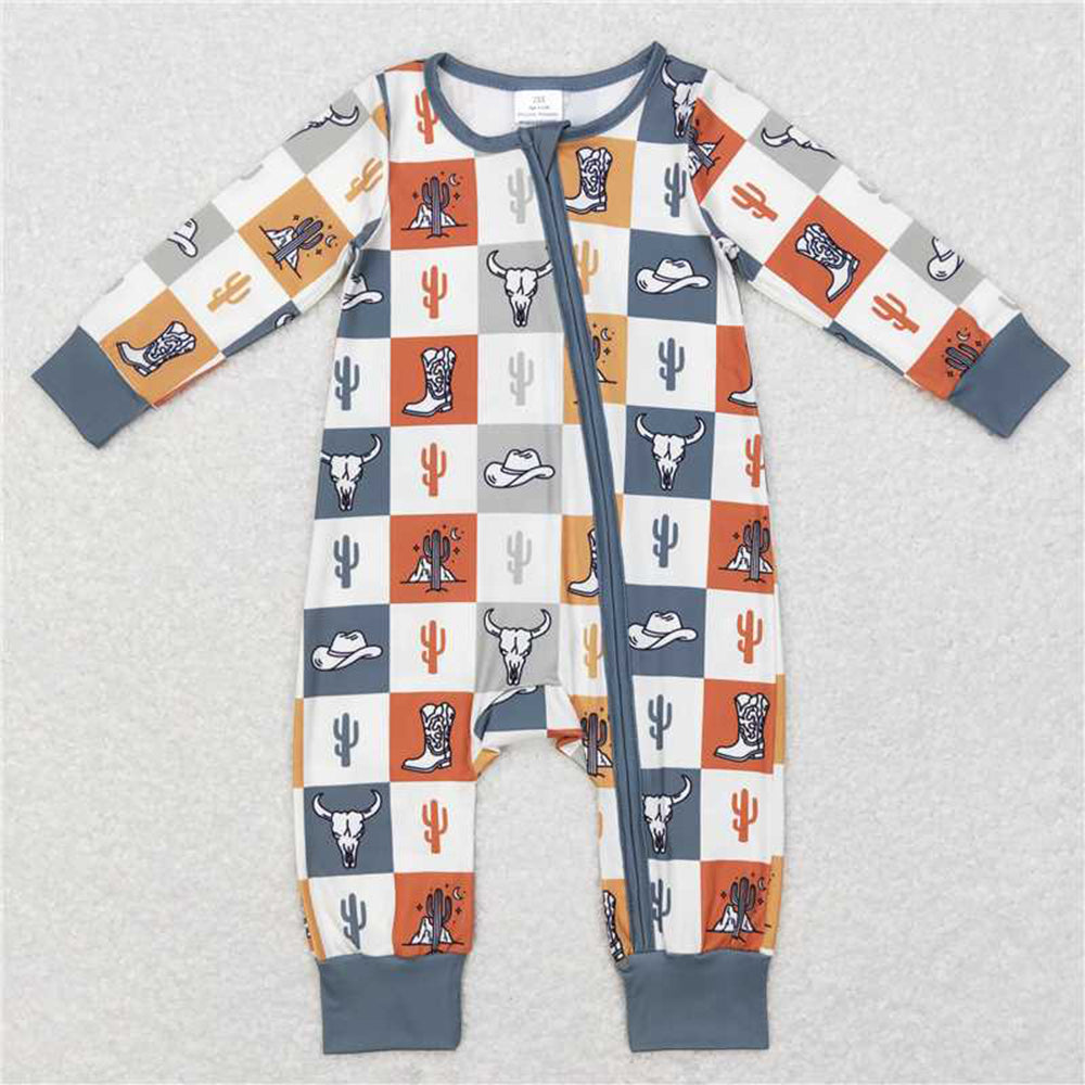 LR0803Plaid Baby Western Zipper Romper Bull Skull Cactus Boot Print Design Baby Boy Girl Rompers for Special Occasions