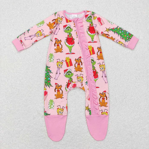 9.27 RTS Sibling Baby Girls Green Face Miss Christmas Pajamas Set Zipper Footed Romper