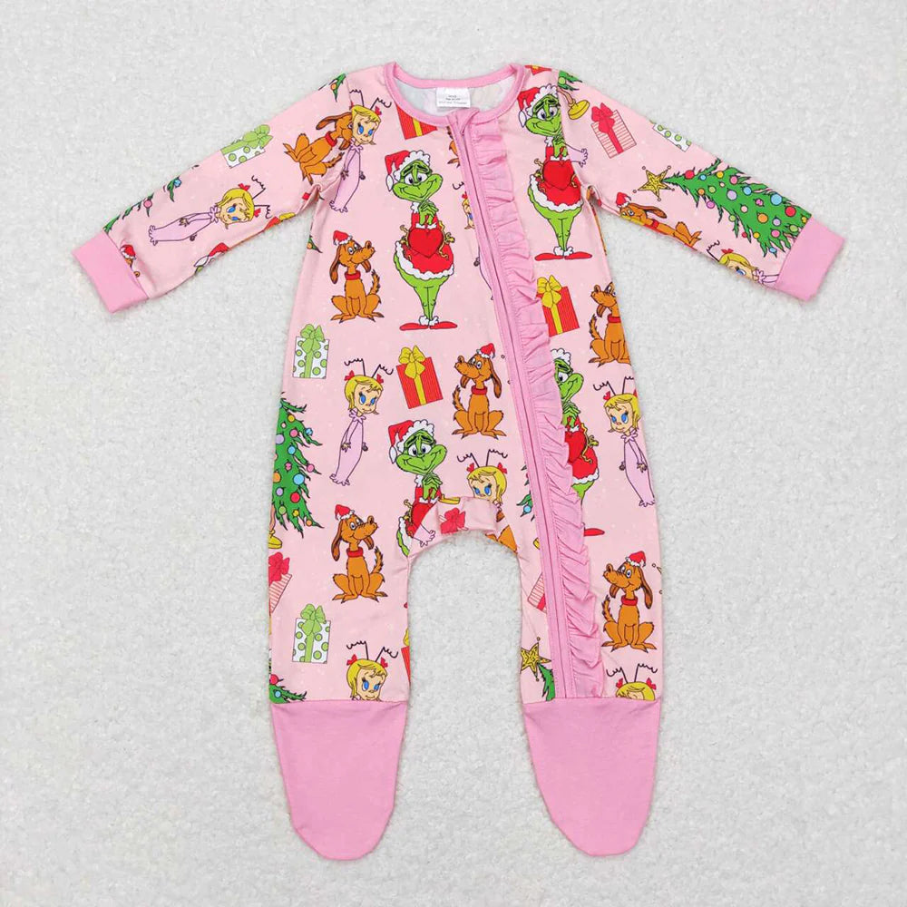 9.23 RTS Sibling Baby Kids Long Sleeves Green Face Miss Christmas Pajamas Sets Zipper Footed Rompers
