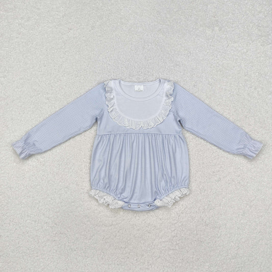 LR0986 Baby Infant Toddler Girls Blue Bib Long Sleeve Rompers