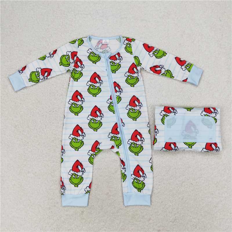 USA Warehouse (IN STOCK) LR1002 Baby Boy Christmas Zipper Romper Green Stripe Face Design Comfortable Cotton Outfit for Infants