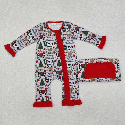 9.16 RTS Sibling Baby Kids Sibling Baby Kids Hats Cows Trees Farm Merry Christmas Pajamas Sets Zipper Footie Rompers
