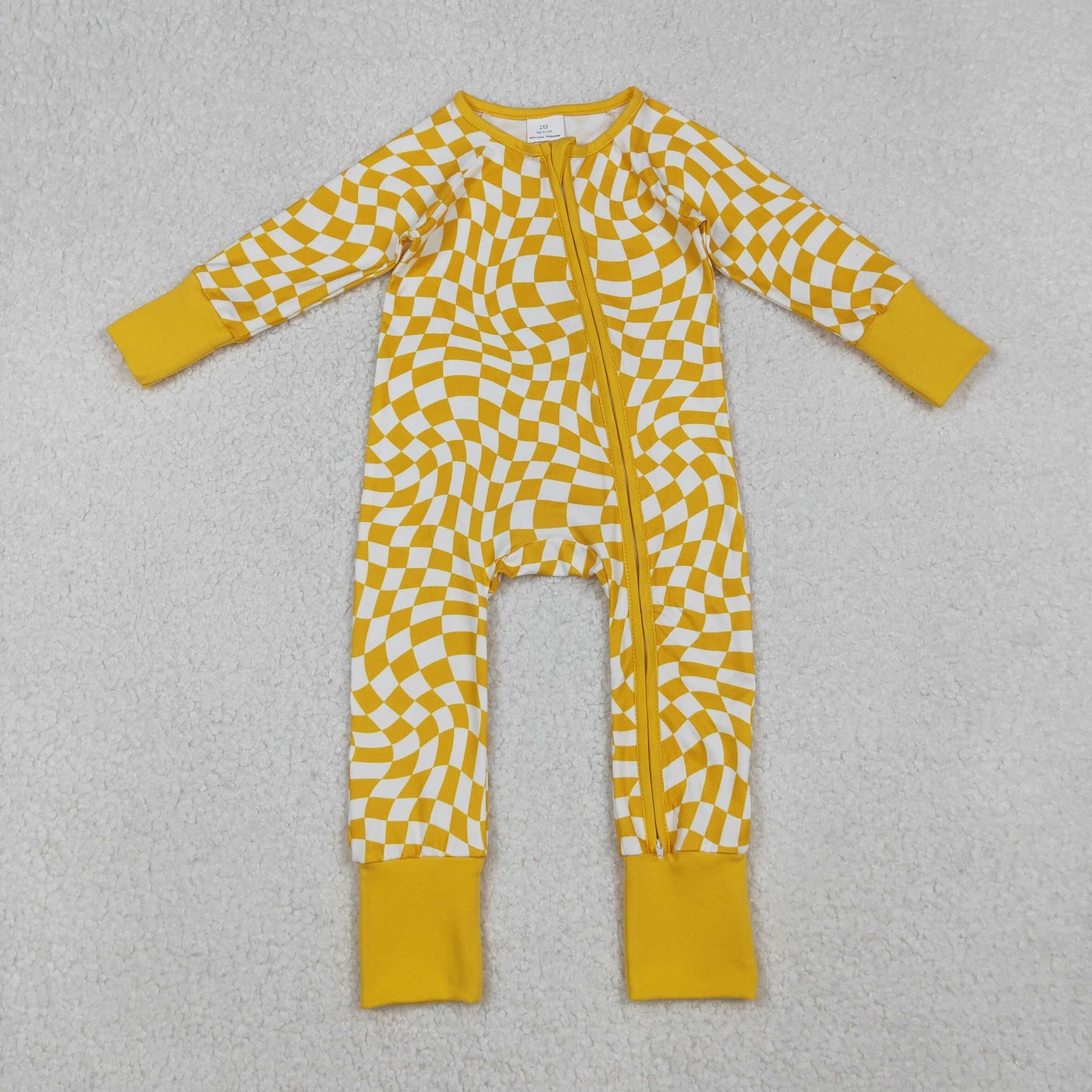 10.1 RTS NO MOQ (In stock)LR1089 Baby Boys Winter Rompers Baby Infant Boys Yellow Checkered Zip Footie Long Sleeve Rompers