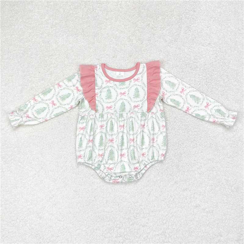 USA Warehouse (IN STOCK) LR1105 Baby Girls Long Sleeve Romper with Christmas Tree Bow Design for Infants