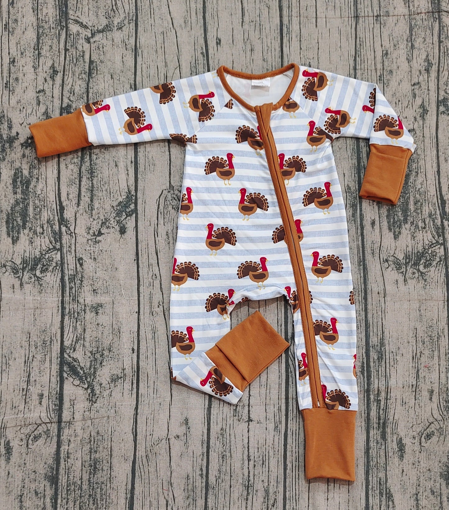 9.29 LR1191 Sample No Moq Baby Infant Boys Thanksgiving Turkey Zip Footie Rompers