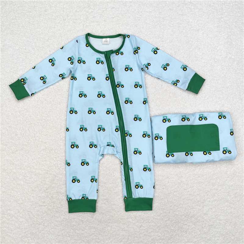 USA Warehouse (IN STOCK) LR1253 Green Tractor Long Sleeve Boy Romper Bamboo Zipper Farm Theme Baby Outfit