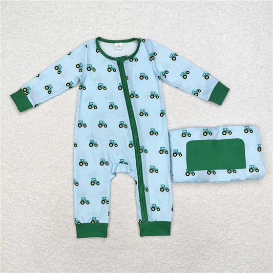 USA Shop (in stock)LR1253 RTS NO MOQ Baby Boy Winter Rompers Long sleeves green tractor boy bamboo zipper farm romper