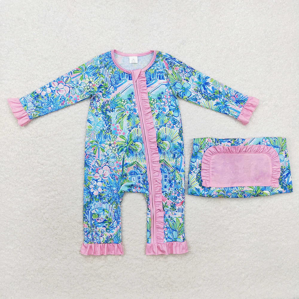 12.3 RTS Sibling Baby Girls Blue Floral Ruffle Pant Bamboo Pajamas Sets Zipper Footie Rompers