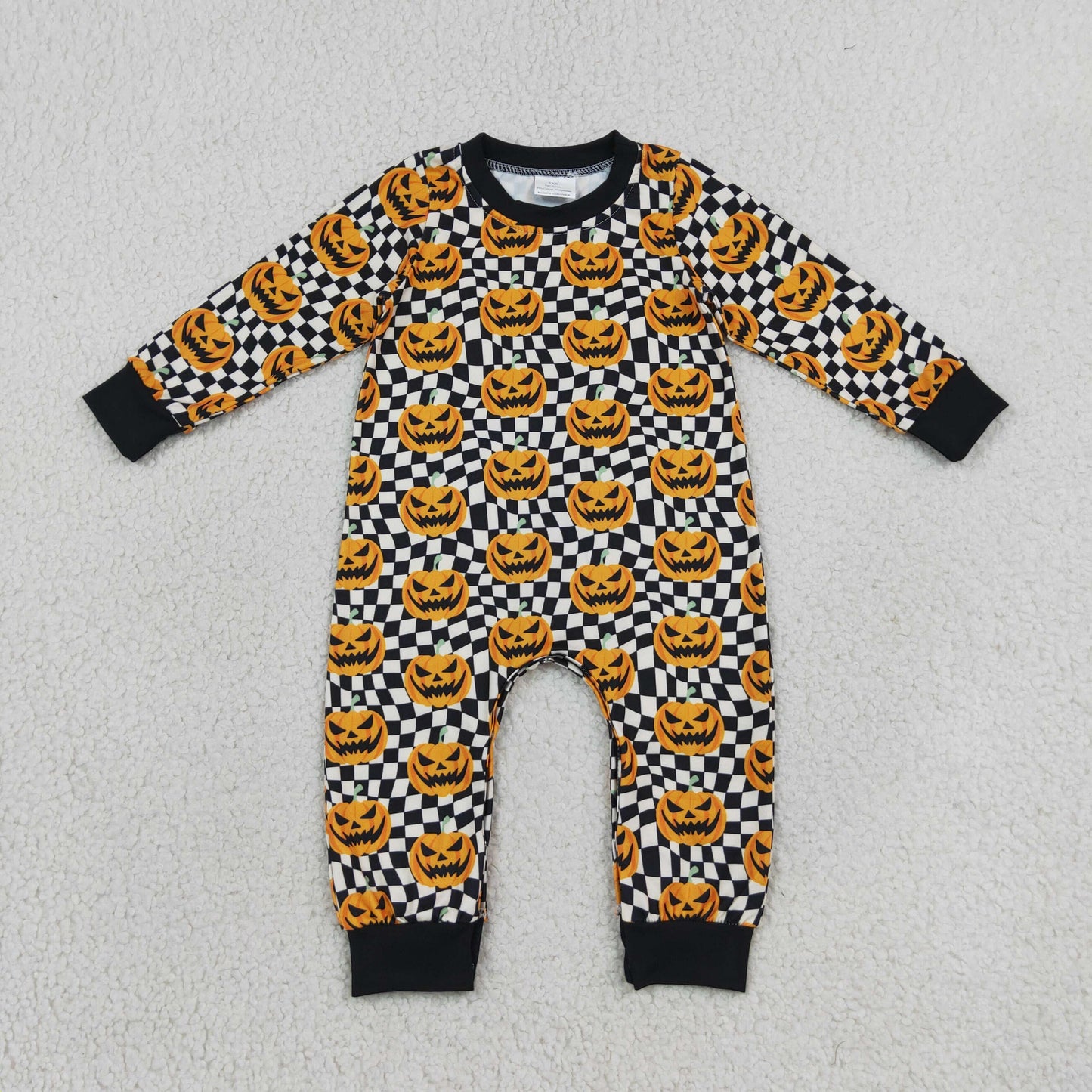 USA Warehouse (IN STOCK) LR1389 milk silk Smocked Baby Boys Halloween Checkered Pumpkin Long Sleeve Romper
