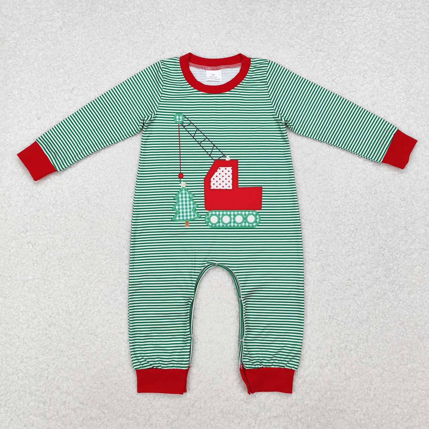 LR1402 Baby Infant Boys Christmas Green Stripes Construction Tree Rompers