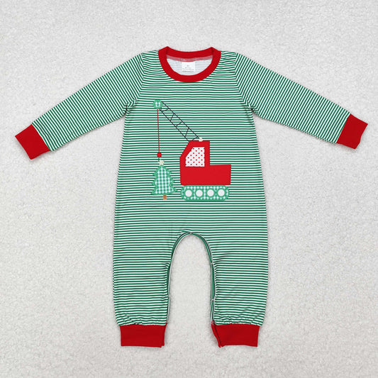 LR1402 Baby Infant Boys Christmas Green Stripes Construction Tree Rompers