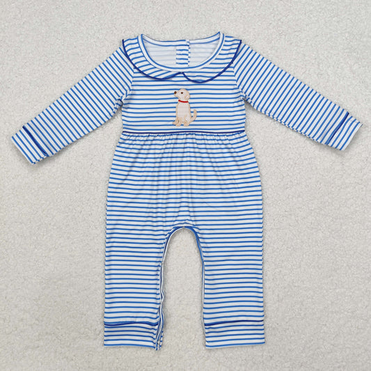 RTS LR1447 Baby Infant Boys Blue Stripes Dog Long Sleeve Rompers