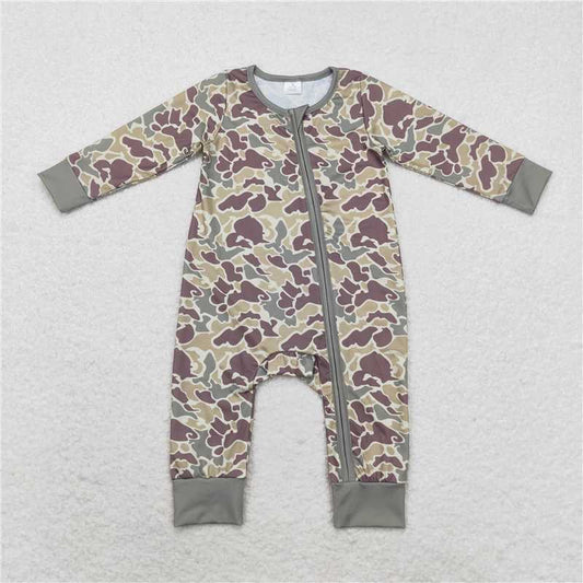 USA Warehouse (IN STOCK) LR1451 Green Camo Bamboo Zipper Romper Long Sleeves Baby Kids Unisex Overall Jumpsuit for Children