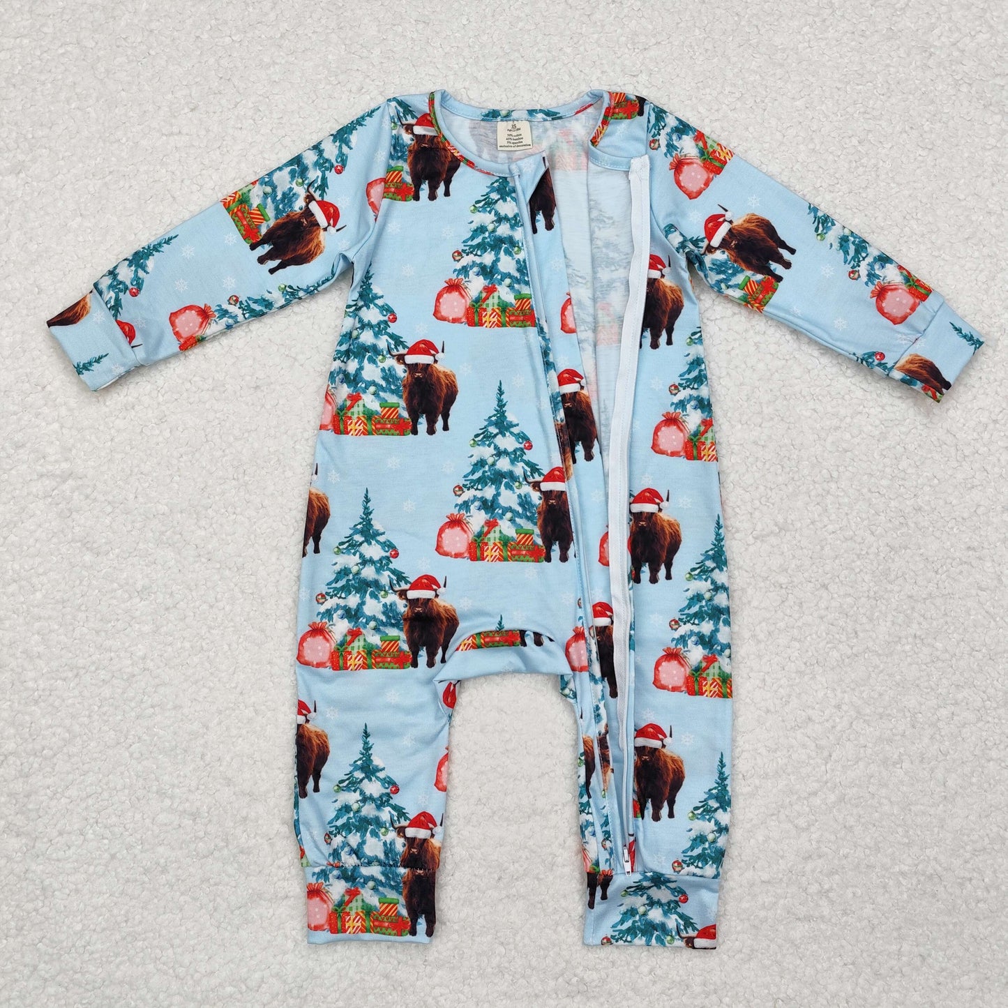 LR1459 Christmas tree highland cow baby kids zipper romper