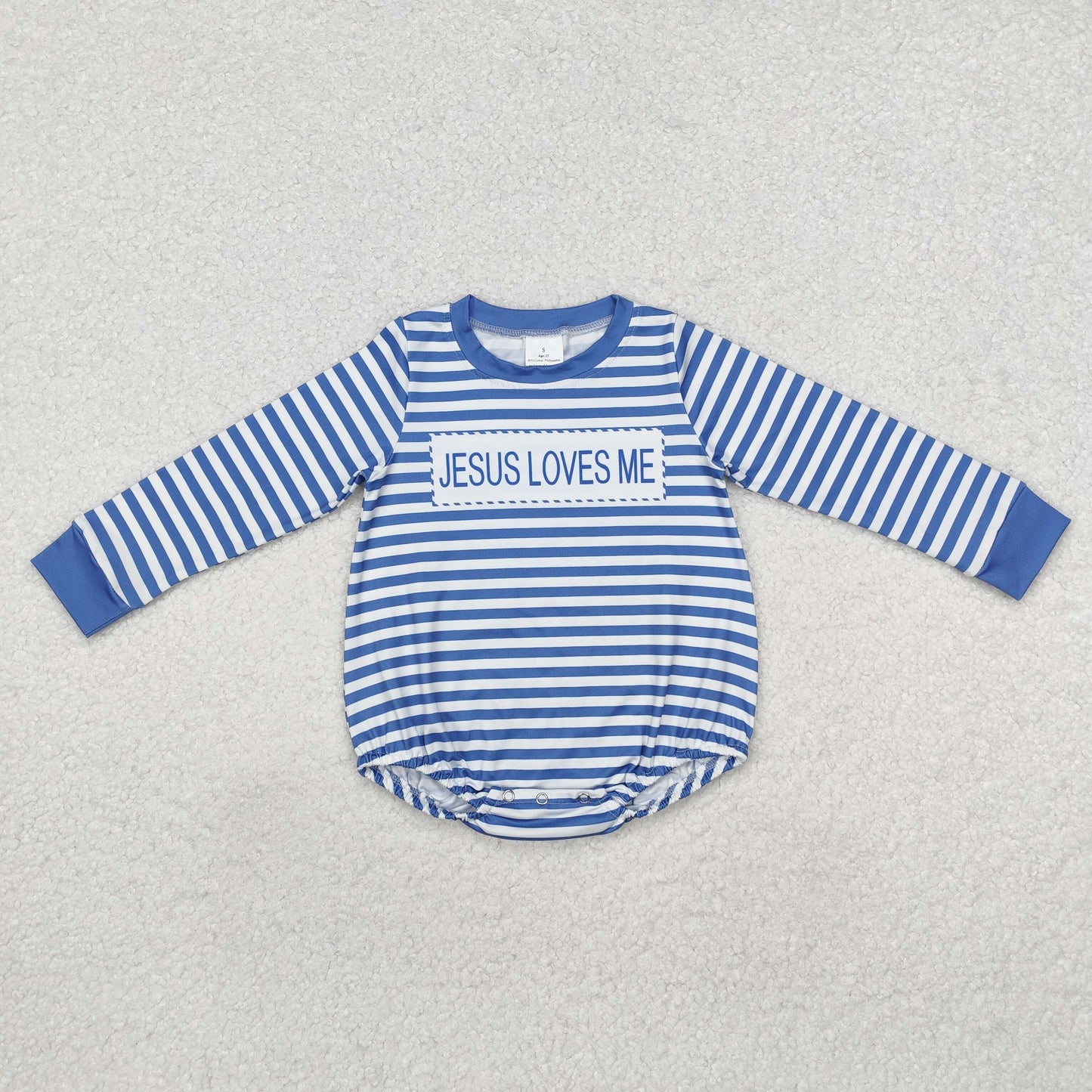 LR1556 Baby Infant Boys Blue Stripes Jesus Loves Me Rompers preorder