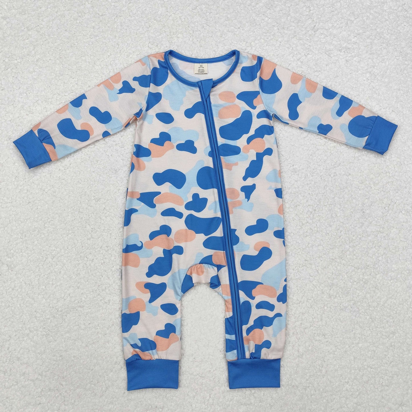 LR1574 Baby Infant Boys Blue Camo Fall Zip Long Sleeve Rompers