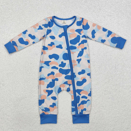 LR1574 Baby Infant Boys Blue Camo Fall Zip Long Sleeve Rompers