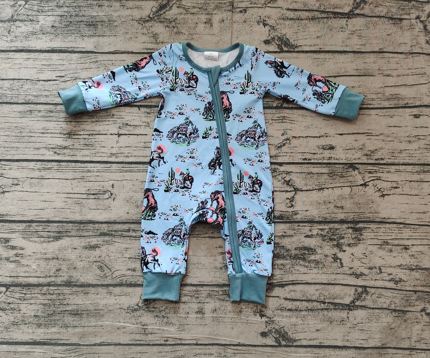 LR1578Long sleeves horse cactus baby boy western zipper romper