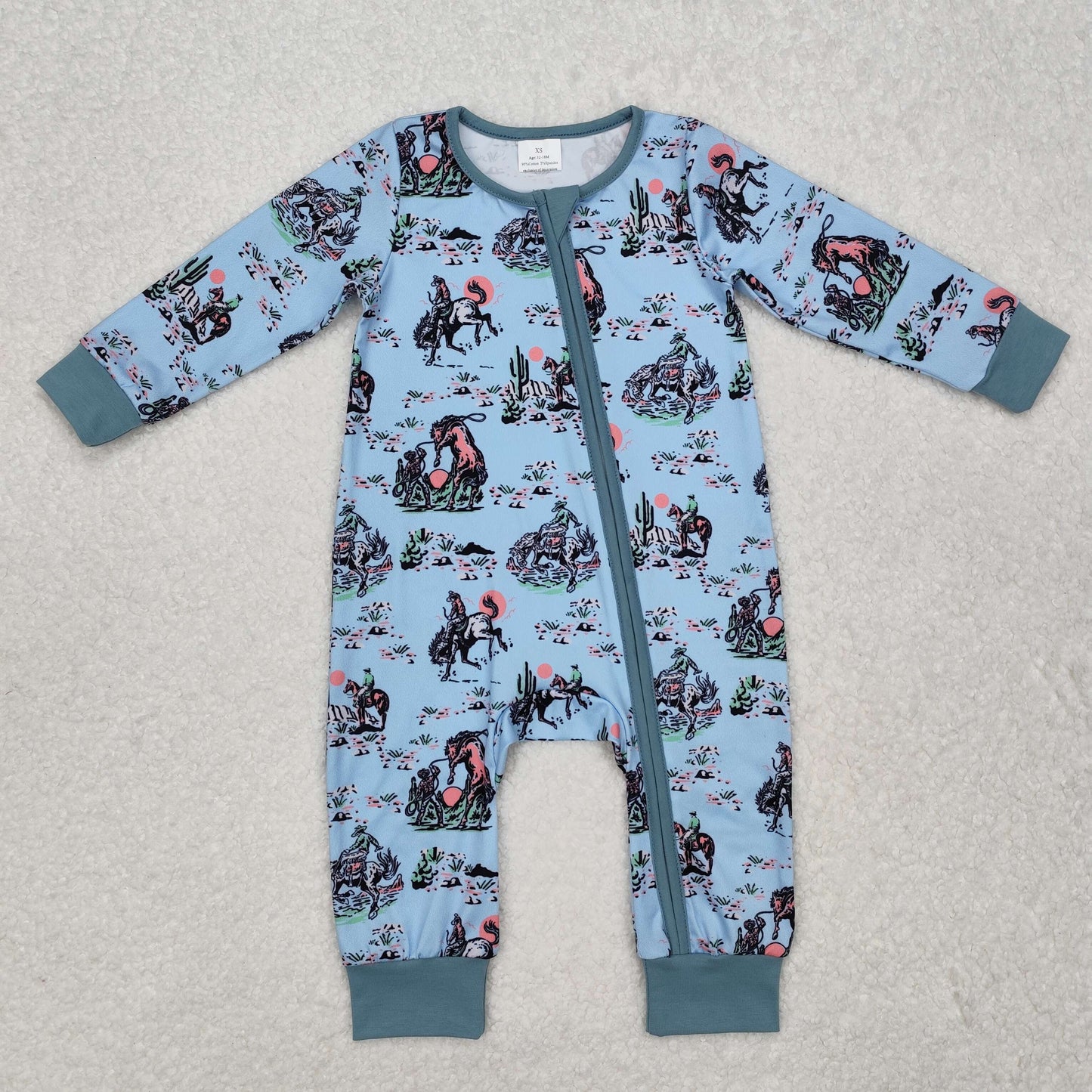 LR1578Long sleeves horse cactus baby boy western zipper romper
