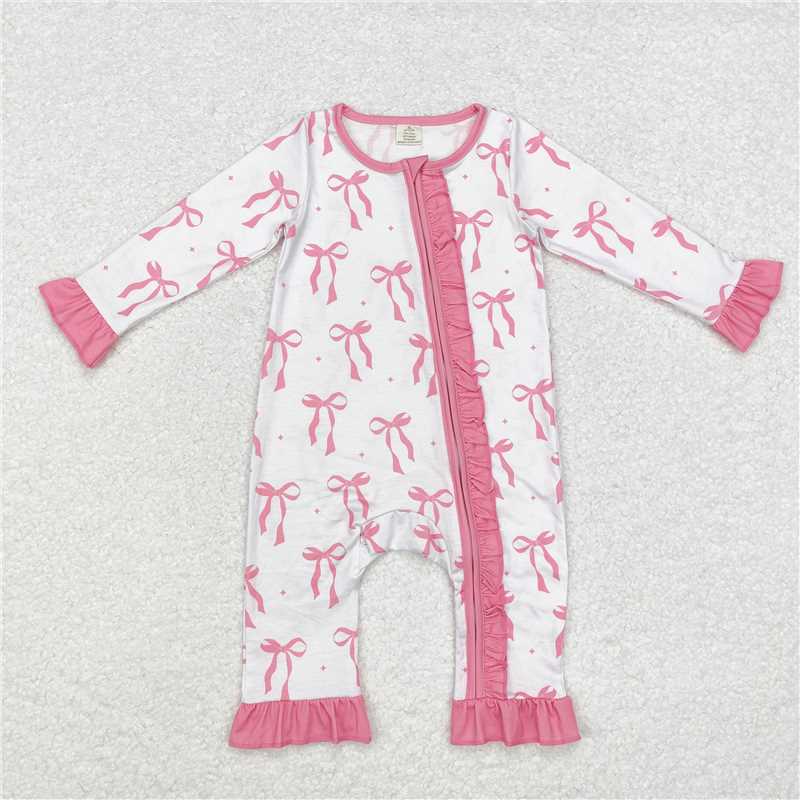 USA Warehouse (IN STOCK) LR1584 Pink Bow Baby Girls Zipper Romper Long Sleeves Comfortable Soft Material for Infants