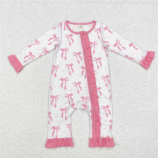 USA Warehouse (IN STOCK) LR1584 Pink Bow Baby Girls Zipper Romper Long Sleeves Comfortable Soft Material for Infants
