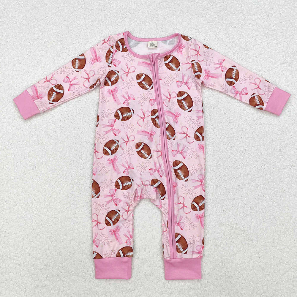 1.19 RTS Sibling Baby Infant Boys Girls Fall Football Bamboo Zip Long Sleeve Rompers